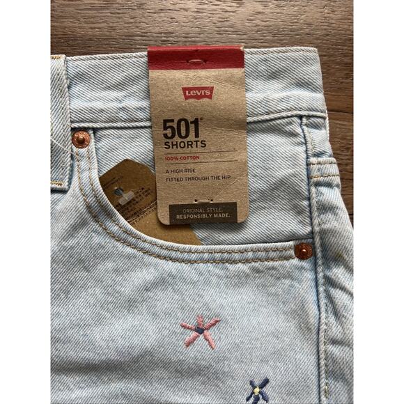 Levi's 501 Denim Shorts Womens 29 High Rise Embroidered Button Fly Festival NWT - Picture 7 of 12
